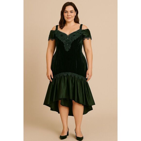 T.N.B Vintage Green Velvet Floral Lace Evening Gown Midi Dress Goth Glam Size 20 - Picture 1 of 16